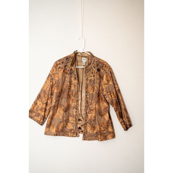 Chicos Jacket brown metallic Blazer 2 Medium Embroidered Rhinestones Open Front - Picture 1 of 6